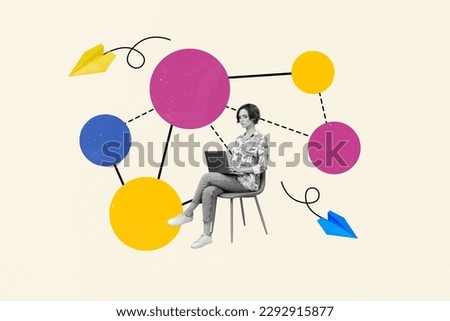 Collage portrait of black white colors working girl sitting chair use netbook chatting send paper plane message isolated on drawing background