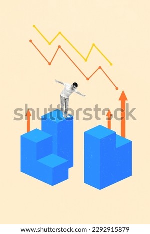 Vertical collage picture of mini black white gamma guy climb top stand balancing growing arrows upwards isolated on beige background Royalty-Free Stock Photo #2292915879