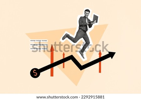 Creative collage picture of excited black white gamma guy use netbook run earn money growing arrow upwards isolated on beige background