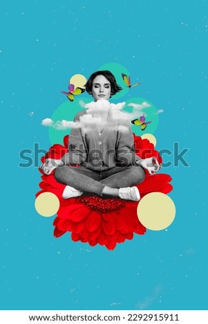 Vertical collage image artwork illustration of pretty girl sitting relaxing showing om symbol fly dreams blue color painting background