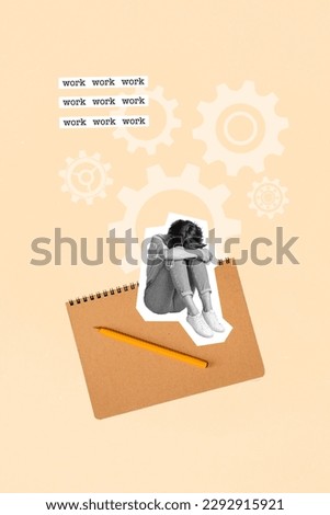 Vertical collage picture of unsatisfied mini black white colors girl sit big notepad pencil tired work drawing cogwheel gear