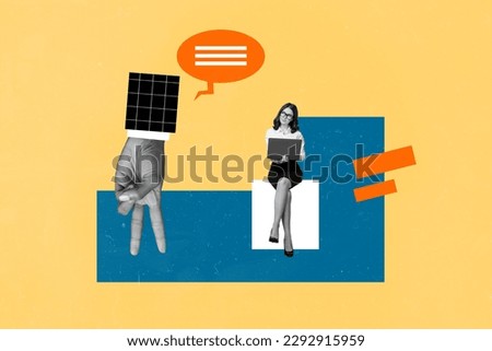 Artwork collage picture of black white colors arm fingers mini girl use netbook communicate discuss isolated on beige background