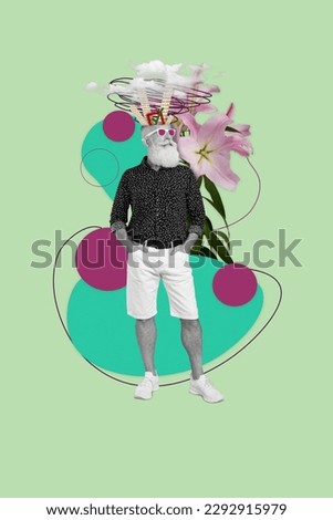 Vertical collage portrait of black white effect stylish grandfather check mark icon text page head big lily flower clouds isolated on green background
