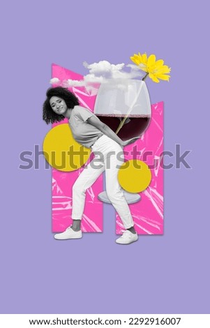 Vertical collage picture of black white gamma mini girl arms hold huge wine glass flower sky clouds isolated on violet background