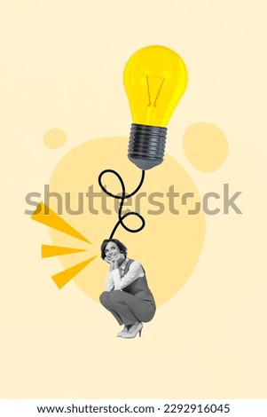 Collage artwork image retro collage picture of dreamy positive girl sitting under big size lamp think plan isolated on drawing background Royalty-Free Stock Photo #2292916045