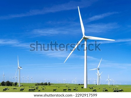 wind power plant and windmill turbine farm in san francisco, california, USA with green grass and blue sky, this photo can use for energy safe and green power concept Royalty-Free Stock Photo #2292917599