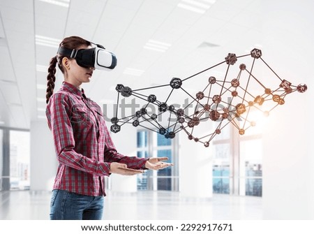 Young woman in casual wearing virtual helmet and working with connection concept. 3d rendering
