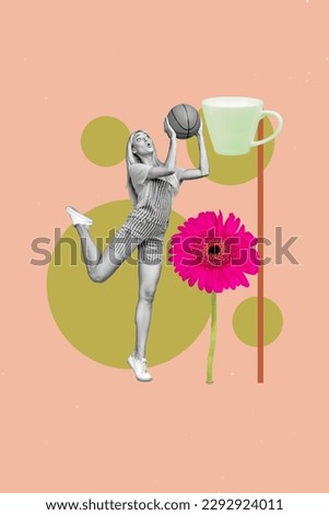 Vertical collage picture of impressed mini black white gamma girl hands hold throw basketball big mug flower isolated on creative background