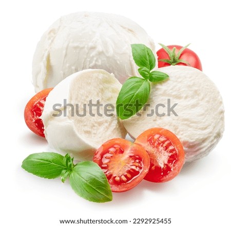 Mozzarella with tomatoes and basil leaves isolated on white background. Royalty-Free Stock Photo #2292925455