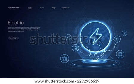 Electric power symbol, lightning bolt sign with icons glowing, green renewable energy concept, futuristic technology with turquoise neon for website, mobile app. vector design.
