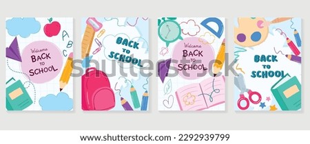 Welcome back to school cover background vector set. Cute childhood illustration with globe, rocket, scissor, clock, color plate, sharpener. Back to school collection for prints, education, banner.