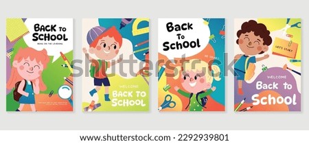 Welcome back to school cover background vector set. Cute childhood illustration with student, book, paper clip, scissor, pencil sharpener. Back to school collection for prints, education, banner. Royalty-Free Stock Photo #2292939801