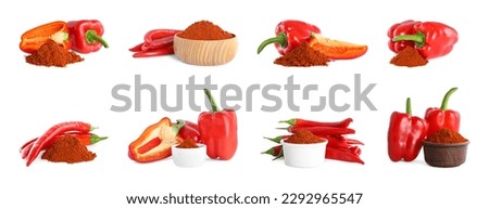 Collage with aromatic paprika powder and different fresh peppers on white background Royalty-Free Stock Photo #2292965547