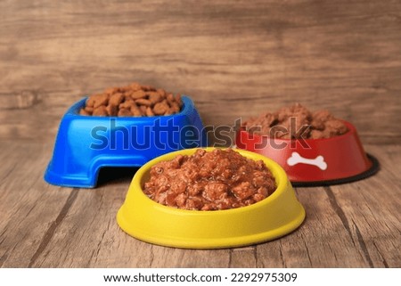 Dry and wet pet food in feeding bowls on wooden floor Royalty-Free Stock Photo #2292975309