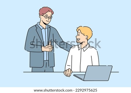 Smiling businessman show thumb up to male employee working on laptop in office. Happy employer praise good working man busy at computer. Vector illustration.  Royalty-Free Stock Photo #2292975625