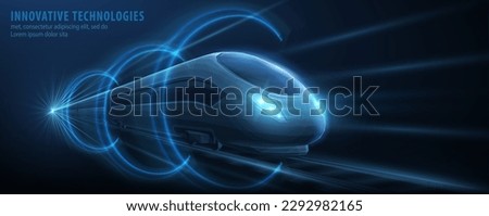Fast modern express passenger train no high speed railway in hyperloop moving from flash light. Futuristic technology, hi tech future digital transport, hyperloop concept. Low pole 3d abstract Royalty-Free Stock Photo #2292982165