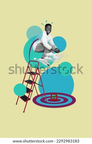 Vertical collage picture of excited black white gamma guy climb ladder jump darts board target check mark icon isolated on painted background