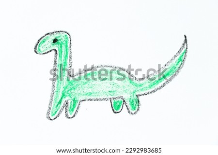 Green color oil pastel hand drawing in dinosaur (brachiosaurus) shape on white paper background