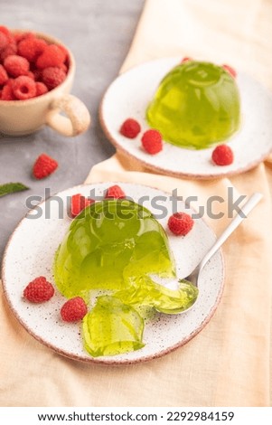 Mint and raspberry green jelly on gray concrete background and orange linen textile. side view, close up, selective focus.