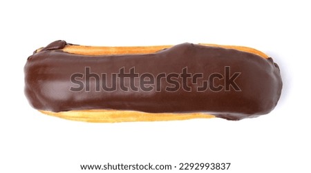 Delicious eclair covered with chocolate isolated on white, top view Royalty-Free Stock Photo #2292993837