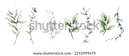 Watercolor floral set of green leaves, branches, twigs etc. Vector traced isolated greenery illustration.  Royalty-Free Stock Photo #2292999479
