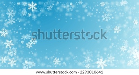 Magical heavy snowflakes backdrop. Winter fleck frozen shapes. Snowfall sky white teal blue pattern. Shimmering snowflakes january texture. Snow nature scenery. Royalty-Free Stock Photo #2293010641
