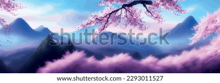 Japanese landscape with sakura trees against the backdrop of mountains and a volcano. beautiful fantasy landscape. vector banner illustration Royalty-Free Stock Photo #2293011527