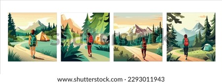 Adventure woman hiker enjoying hiking in mountains with nordic poles backpack flat vector illustration. Woman traveler travels with backpack. Happy tourist girl is ready for adventure. flat vector Royalty-Free Stock Photo #2293011943