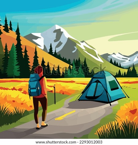 Adventure woman hiker enjoying hiking in mountains with nordic poles backpack flat vector illustration. Woman traveler travels with backpack. Happy tourist girl is ready for adventure. flat vector