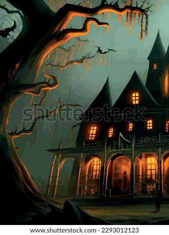Scary little haunted house in horror forest, spooky haunted house in old, vintage style for Halloween and other spooky occasions. Vector illustration