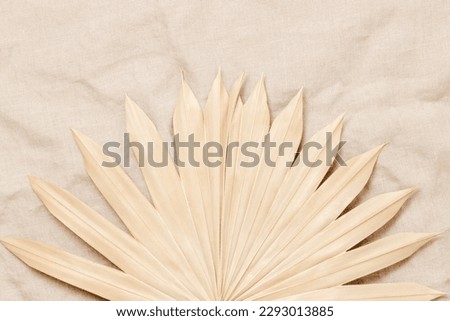 Palm leaf  backdrop on linen cloth top view. Palm leaf background, aesthetic poster for home interior decoration, bohemian style
