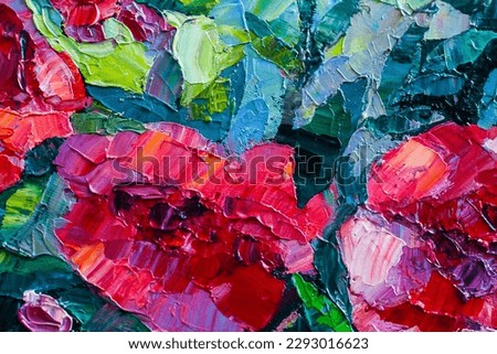 The texture of close-up strokes of an oil painting with poppies close-up