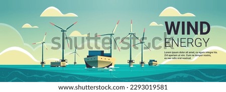 offshore wind farm with turbines and ship in sea or ocean renewable water station energy production alternative power generation Royalty-Free Stock Photo #2293019581