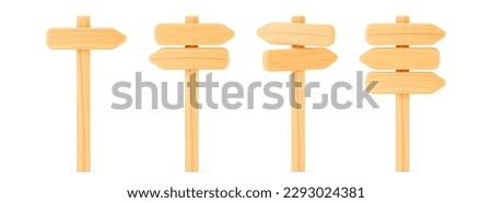 3d wooden arrow direction road signs set isolated on white background. Render of wood arrow crossroad sign for right direction and street, one way concept. 3d cartoon simple vector illustration
