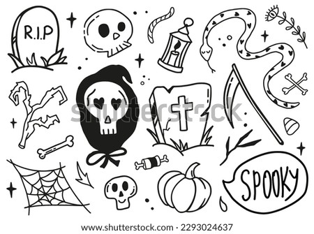 Happy Halloween cute vector set with death, scythe, skull, snake, pumpkin, grave, web isolated on white background. Spooky speech bubble lettering quote in doodle style
