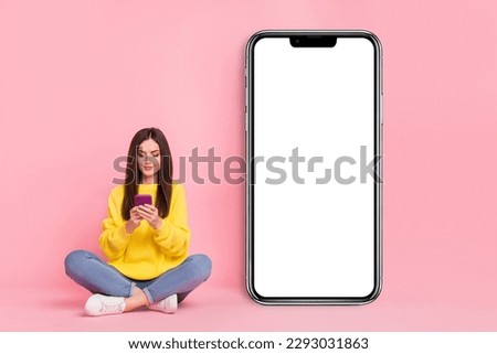 Full size photo of young pretty lady chat type repost speed connection mobile promoter isolated over pink color background