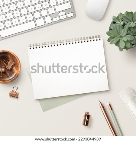 feminine desk or work space with office tools, succulent plant, and a blank open notebook ring binder for your message on a bright cream colored background, square format, ideal for social media Royalty-Free Stock Photo #2293044989