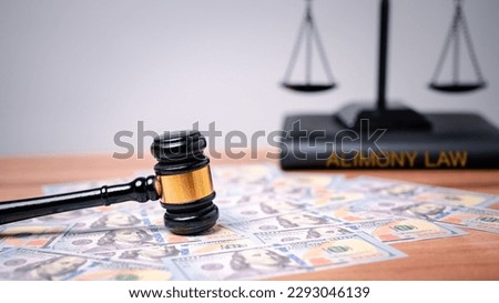 The gavel on a dollar bill in a courtroom represents the complex interplay between alimony law, alimony taxes, financial power, highlighting the need for clear legal frameworks, ethical considerations Royalty-Free Stock Photo #2293046139
