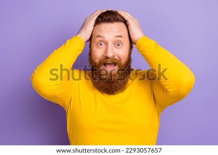 Photo of young confused guy wear yellow pullover hands head open mouth unexpected business progress isolated on purple color background Royalty-Free Stock Photo #2293057657