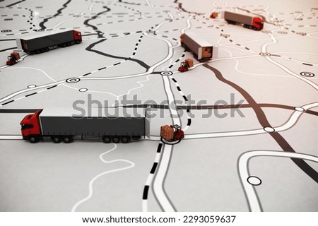 Loading pallets of boxes on truck on a road map. Concept of global shipment and GPS tracking. 3D rendering Royalty-Free Stock Photo #2293059637