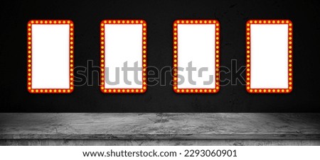Retro rectangle neon billboard on black cement wall. Concrete shelf table. Use as montage for product displayv