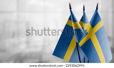 Small flags of the Sweden on an abstract blurry background.