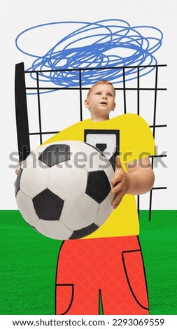Soccer match. Contemporary art collage with little boy, football player wearing sports wear over white background with pencil sketch. Concept of ideas, imagination, international children's day, ad