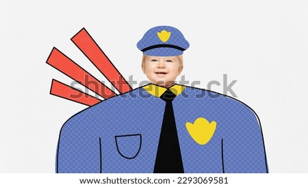 Contemporary art collage with one smiling little boy wearing police officers uniform with pencil sketch over white background. Concept of ideas, emotions, imagination, international children's day, ad