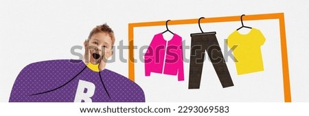 Little dreamer. One cute clothes designer screaming with surprise face on white studio background with pencil sketch. Fashion, human emotions, ideas, imagination, international children's day concept