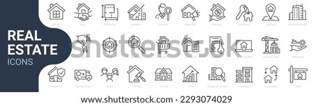 Set of line icons related to real estate, property, buying, renting, house, home. Outline icon collection. Editable stroke. Vector illustration. Linear business symbols Royalty-Free Stock Photo #2293074029