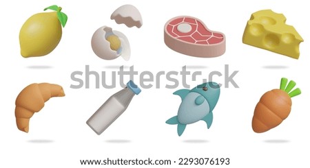 food 3D vector icon set.
lemon,egg,beef,cheese,croissant,milk,fish,carrot