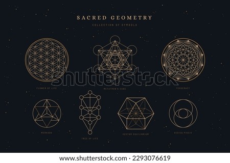 set  collection of sacred geometry symbols or icons, flower of life, metatron's cube, merkaba, tree of life, vesica piscis, vector equililbrium, and tesseract, spiritual  yoga design elements	 Royalty-Free Stock Photo #2293076619