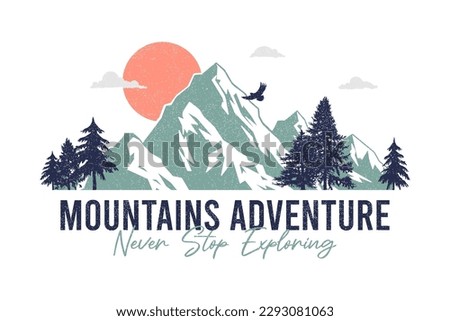 Mountain t-shirt design with sun, eagle and pine trees. Print for apparel with slogan - mountains adventure. Typography graphics for vintage tee shirt with grunge. Vector illustration.