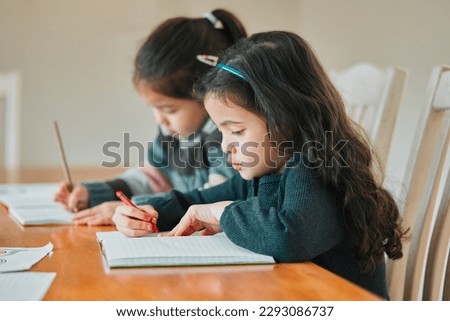 If we work quickly we can play. two sisters completing their homework together.